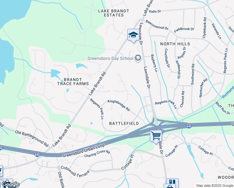 map of restaurants, bars, coffee shops, grocery stores, and more near 4307 Penton Place in Greensboro
