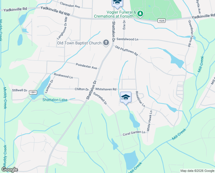 map of restaurants, bars, coffee shops, grocery stores, and more near 3866 Cedarfield Place Court in Winston-Salem
