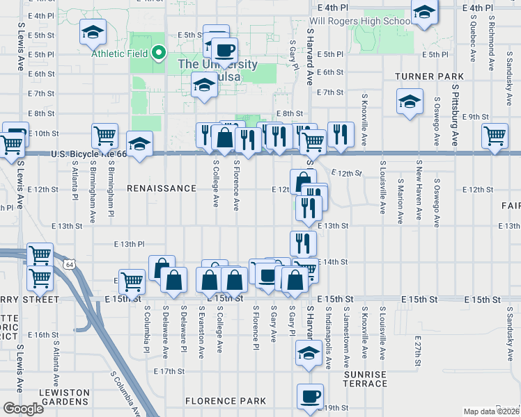 map of restaurants, bars, coffee shops, grocery stores, and more near 1227 South Florence Place in Tulsa