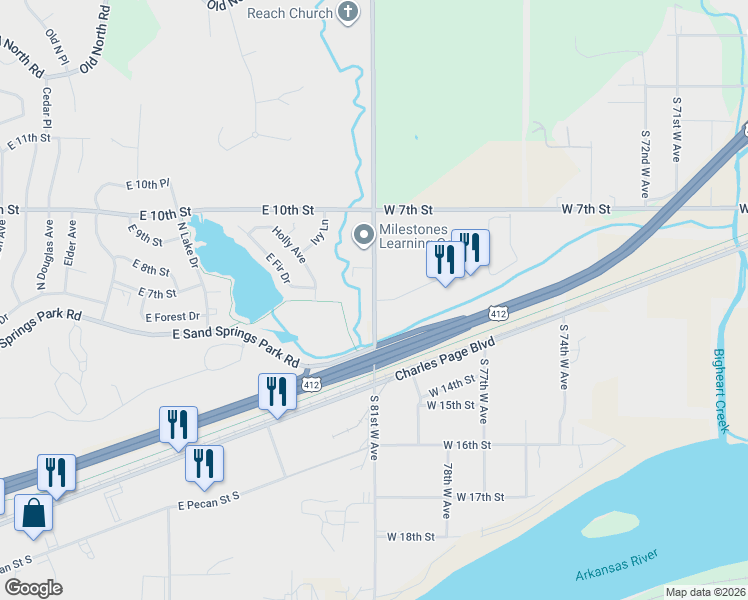 map of restaurants, bars, coffee shops, grocery stores, and more near 9203 South 81st West Avenue in Tulsa