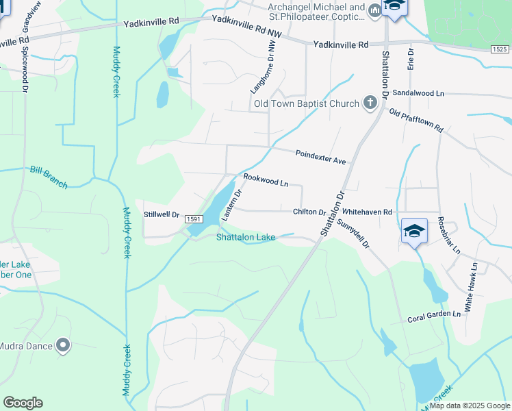 map of restaurants, bars, coffee shops, grocery stores, and more near 3975 Chilton Drive in Winston-Salem