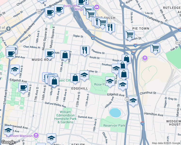 map of restaurants, bars, coffee shops, grocery stores, and more near 1086 Archer Street in Nashville