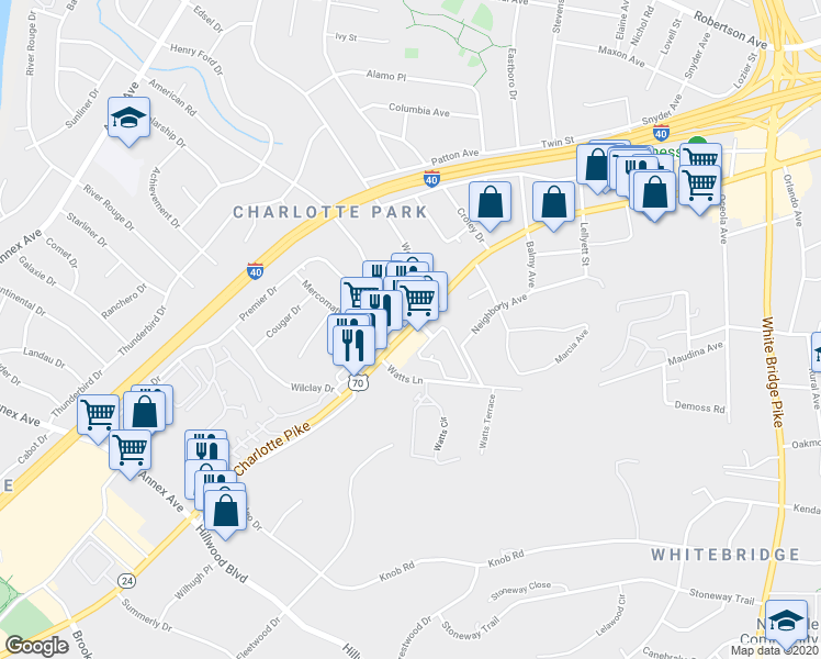 map of restaurants, bars, coffee shops, grocery stores, and more near 6319 Charlotte Avenue in Nashville