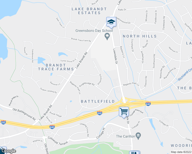map of restaurants, bars, coffee shops, grocery stores, and more near 4303 Penton Place in Greensboro