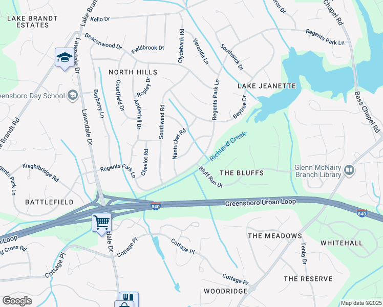 map of restaurants, bars, coffee shops, grocery stores, and more near 2007 Warwickshire Drive in Greensboro
