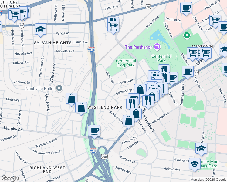 map of restaurants, bars, coffee shops, grocery stores, and more near 3138 Long Boulevard in Nashville
