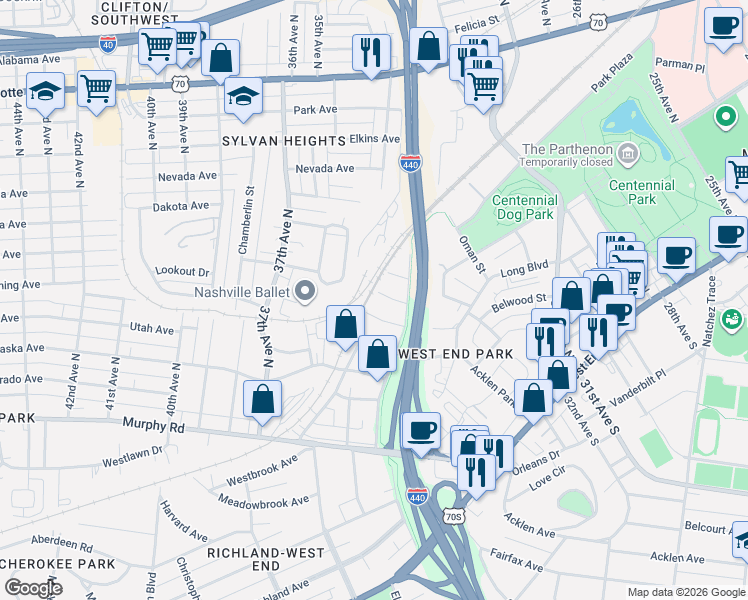 map of restaurants, bars, coffee shops, grocery stores, and more near 419 Theresa Avenue in Nashville