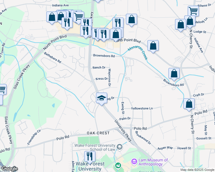 map of restaurants, bars, coffee shops, grocery stores, and more near 1834 Waycross Drive in Winston-Salem