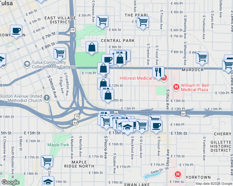 map of restaurants, bars, coffee shops, grocery stores, and more near 1214 South Quaker Avenue in Tulsa