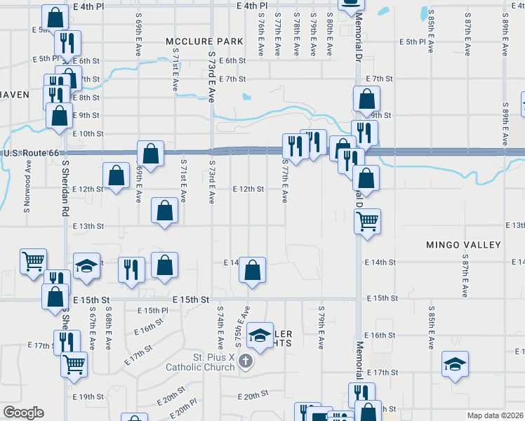 map of restaurants, bars, coffee shops, grocery stores, and more near 1215 South 76th East Avenue in Tulsa