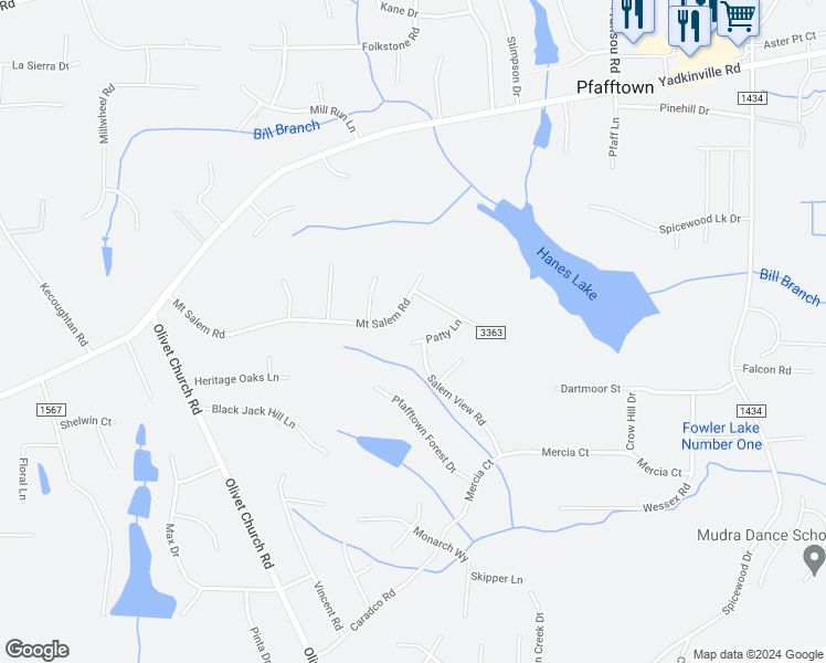 map of restaurants, bars, coffee shops, grocery stores, and more near 2517 Patty Lane in Pfafftown