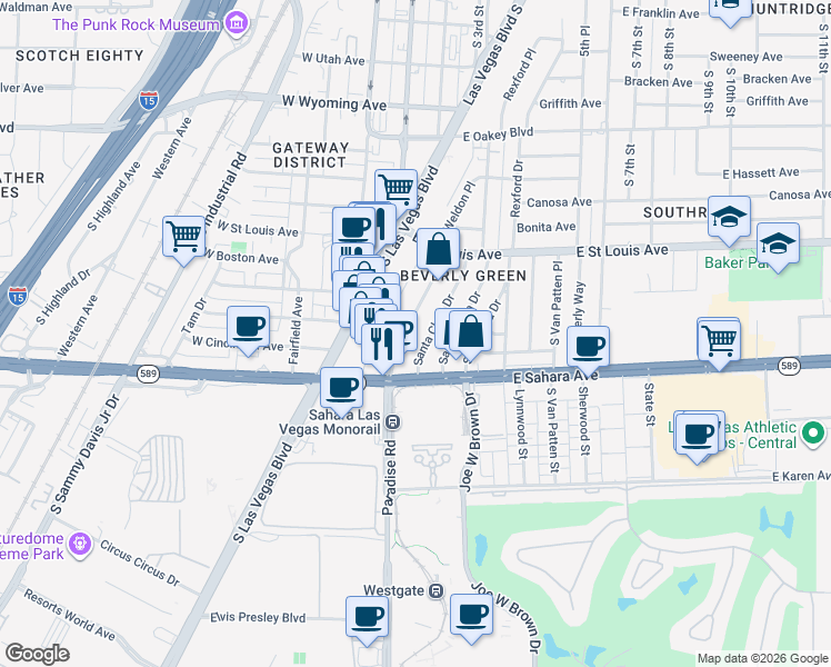 map of restaurants, bars, coffee shops, grocery stores, and more near 2117 Paradise Road in Las Vegas