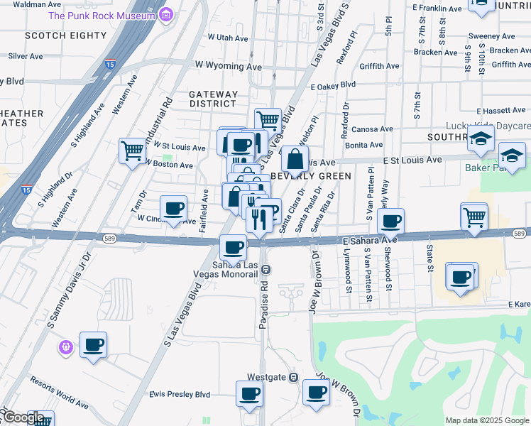 map of restaurants, bars, coffee shops, grocery stores, and more near 2205 South Las Vegas Boulevard in Las Vegas