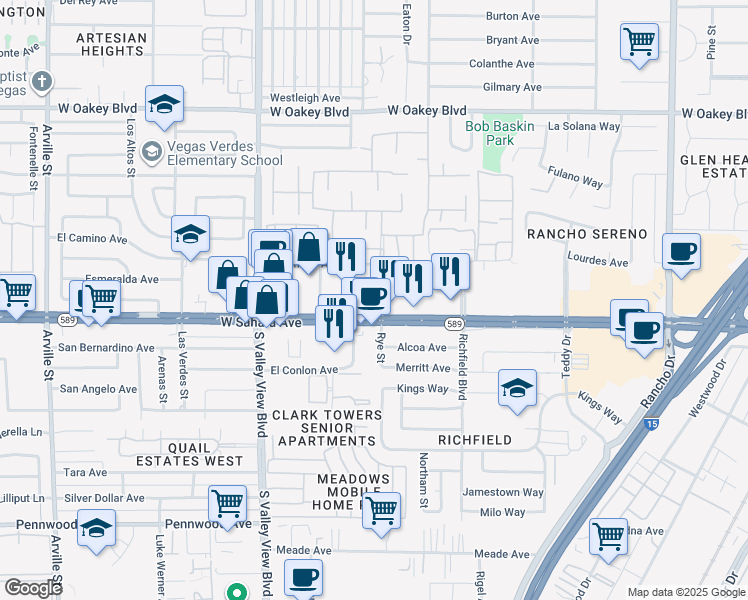 map of restaurants, bars, coffee shops, grocery stores, and more near 3340 West Sahara Avenue in Las Vegas