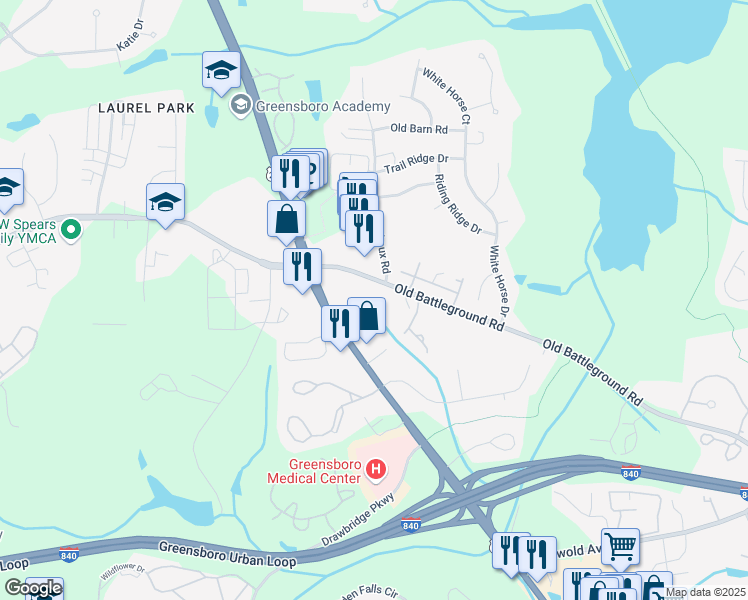map of restaurants, bars, coffee shops, grocery stores, and more near in Greensboro