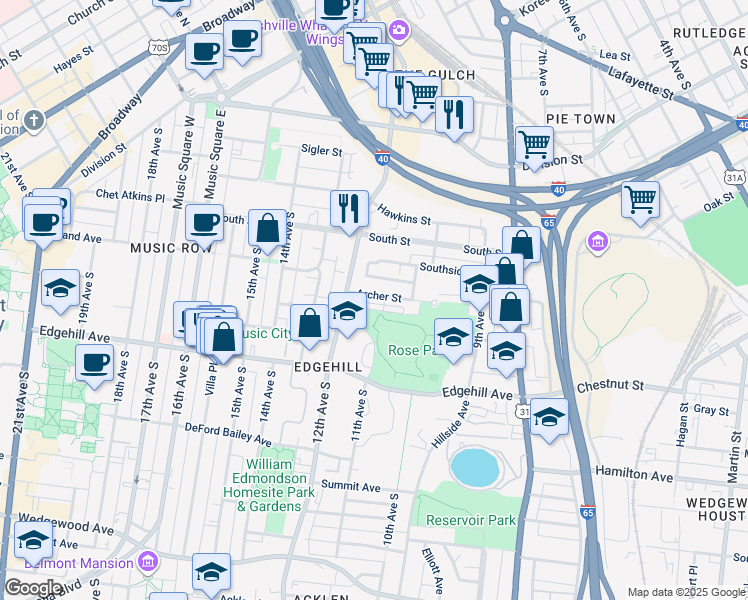 map of restaurants, bars, coffee shops, grocery stores, and more near 1086 Archer Street in Nashville