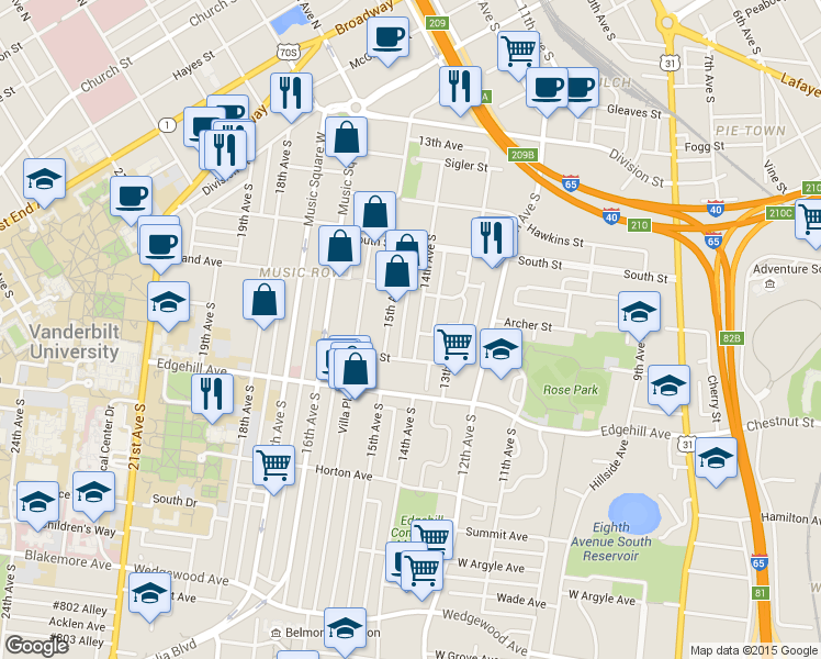 map of restaurants, bars, coffee shops, grocery stores, and more near 1012 15th Avenue in Nashville