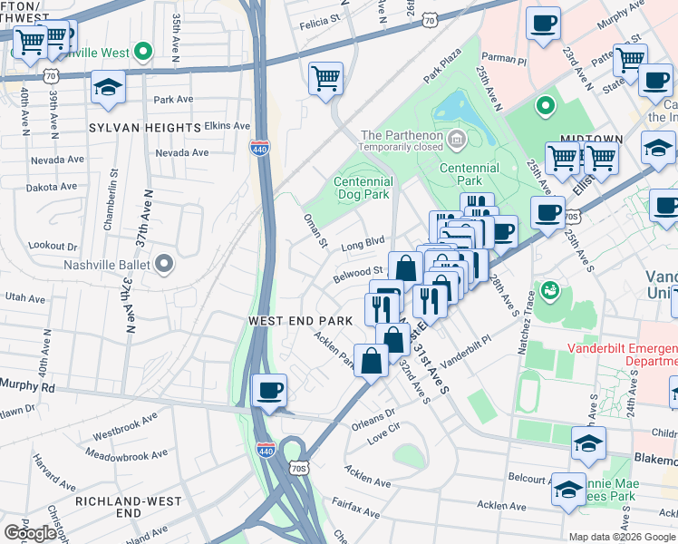 map of restaurants, bars, coffee shops, grocery stores, and more near 3127 Long Boulevard in Nashville