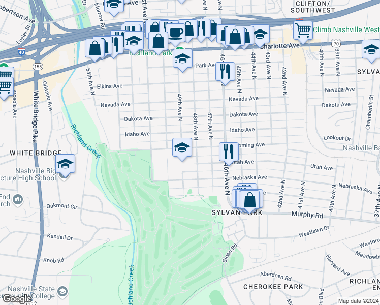 map of restaurants, bars, coffee shops, grocery stores, and more near 4812 Wyoming Avenue in Nashville