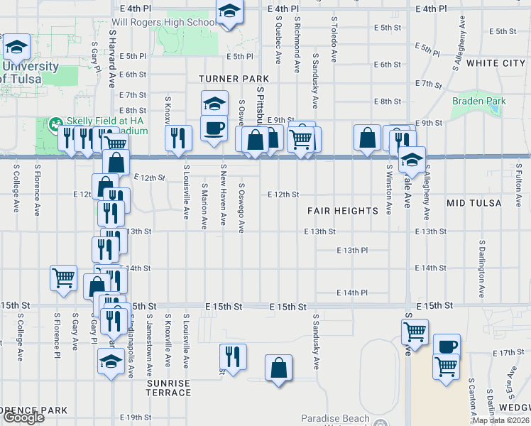 map of restaurants, bars, coffee shops, grocery stores, and more near 1211 South Pittsburg Avenue in Tulsa