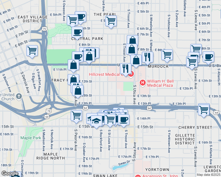 map of restaurants, bars, coffee shops, grocery stores, and more near 1206 South Trenton Avenue in Tulsa
