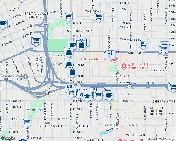 map of restaurants, bars, coffee shops, grocery stores, and more near 1211 South Quincy Avenue in Tulsa