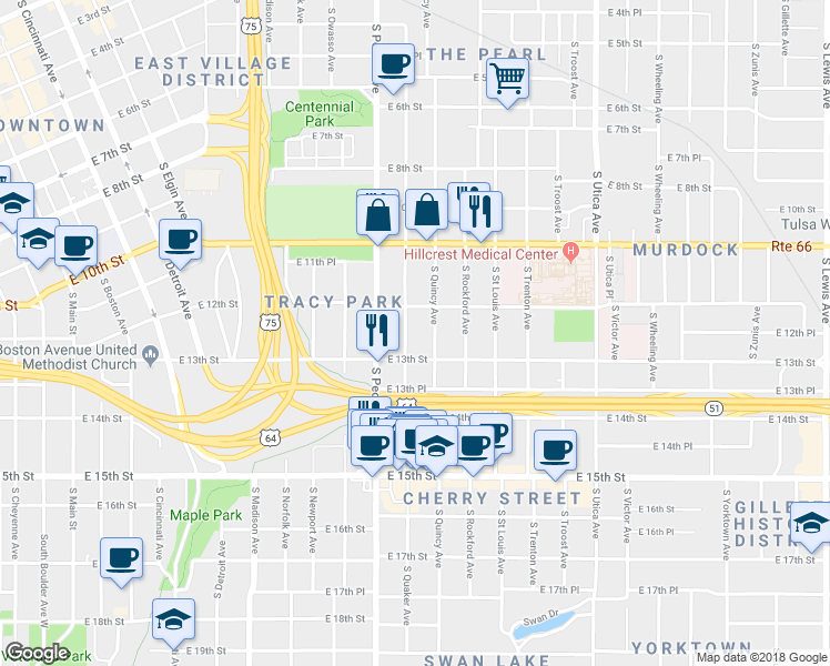 map of restaurants, bars, coffee shops, grocery stores, and more near 1214 South Quaker Avenue in Tulsa