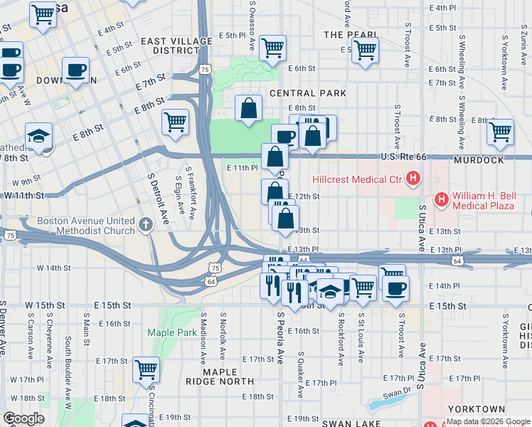 map of restaurants, bars, coffee shops, grocery stores, and more near 1216 South Peoria Avenue in Tulsa
