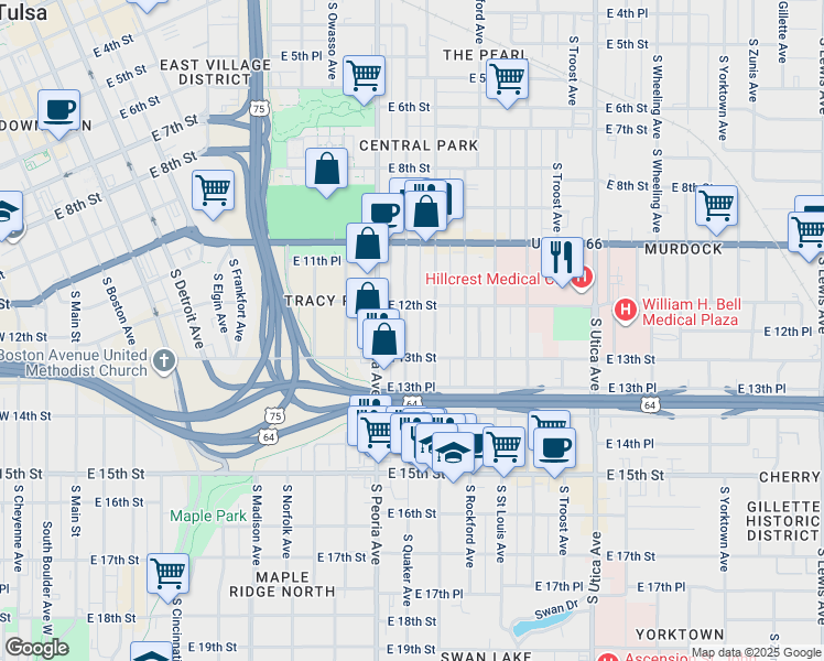 map of restaurants, bars, coffee shops, grocery stores, and more near 1223 South Quaker Avenue in Tulsa
