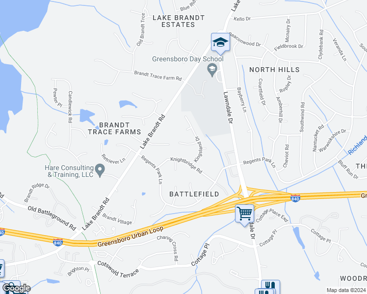 map of restaurants, bars, coffee shops, grocery stores, and more near 4307 Penton Place in Greensboro