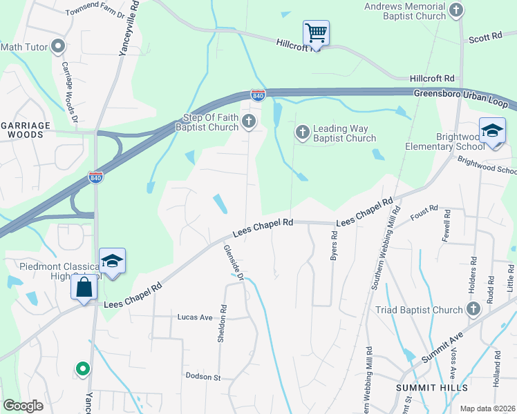 map of restaurants, bars, coffee shops, grocery stores, and more near 4912 Watlington Road in Greensboro