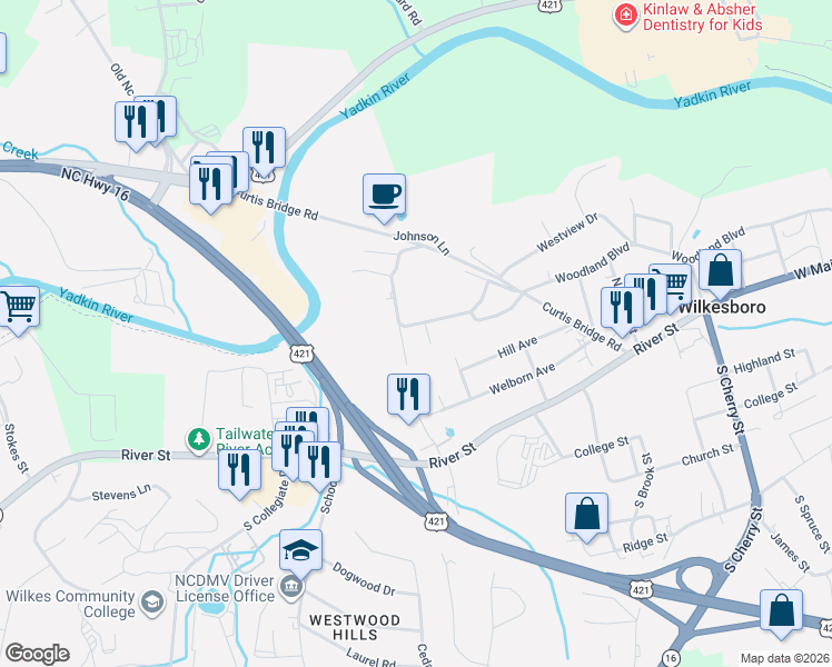 map of restaurants, bars, coffee shops, grocery stores, and more near 1014 Woodland Boulevard in Wilkesboro