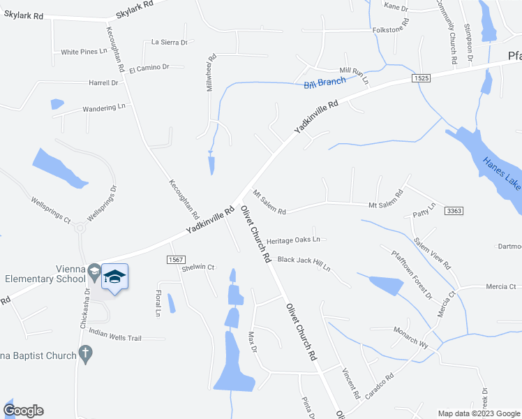 map of restaurants, bars, coffee shops, grocery stores, and more near 2584 Mount Salem Road in Pfafftown