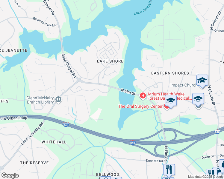 map of restaurants, bars, coffee shops, grocery stores, and more near 101 North Elm Street in Greensboro