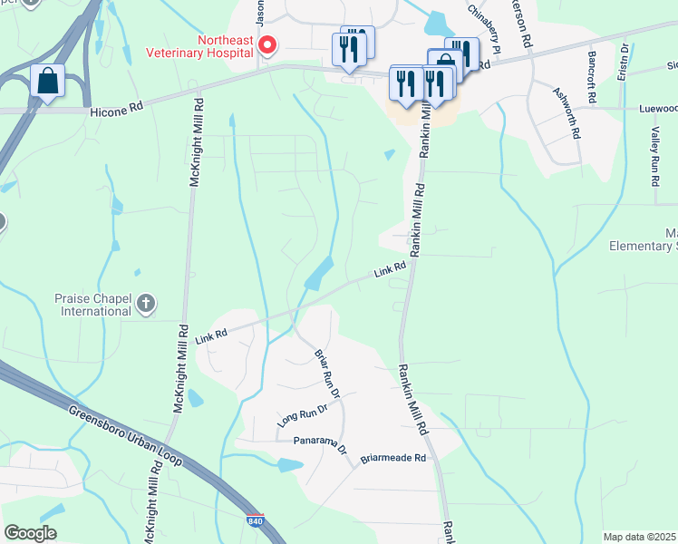 map of restaurants, bars, coffee shops, grocery stores, and more near 2005 Ram Road in Greensboro