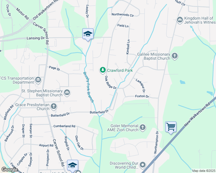 map of restaurants, bars, coffee shops, grocery stores, and more near 4222 Oak Ridge Drive in Winston-Salem