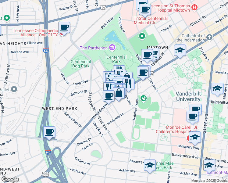 map of restaurants, bars, coffee shops, grocery stores, and more near 2714 Tennessee 1 in Nashville