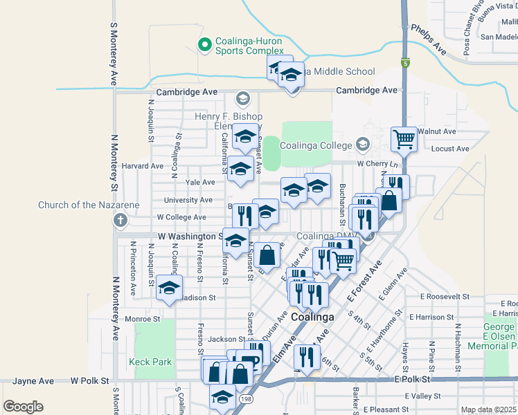 map of restaurants, bars, coffee shops, grocery stores, and more near 1303 Sunset Street in Coalinga