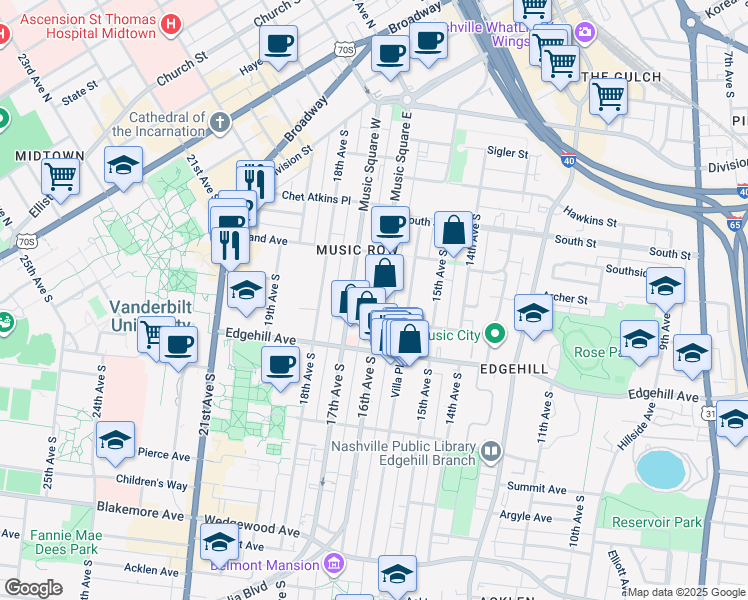 map of restaurants, bars, coffee shops, grocery stores, and more near 1017 16th Avenue in Nashville