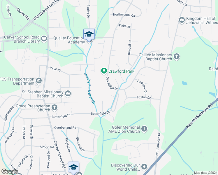 map of restaurants, bars, coffee shops, grocery stores, and more near 4222 Oak Ridge Drive in Winston-Salem
