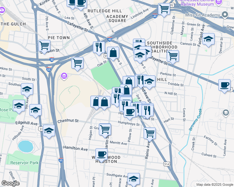 map of restaurants, bars, coffee shops, grocery stores, and more near in Nashville