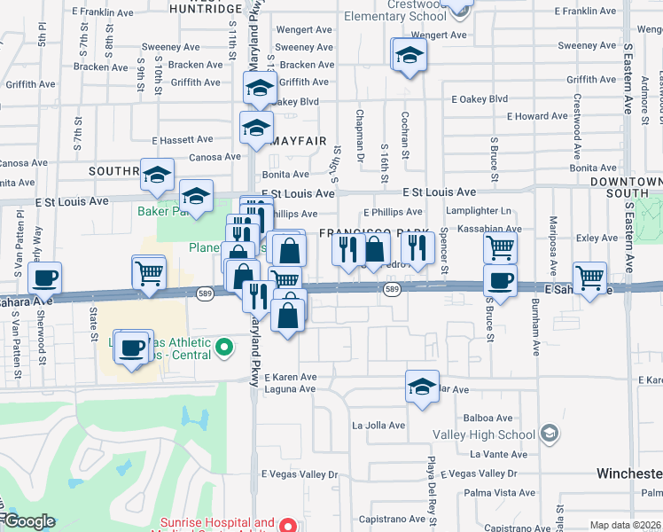 map of restaurants, bars, coffee shops, grocery stores, and more near 2309 South 15th Street in Las Vegas