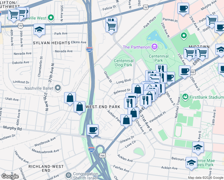 map of restaurants, bars, coffee shops, grocery stores, and more near 3135 Long Boulevard in Nashville
