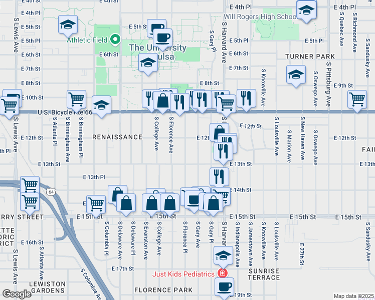 map of restaurants, bars, coffee shops, grocery stores, and more near 1223 South Florence Place in Tulsa