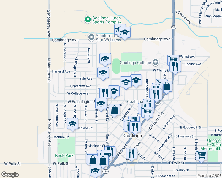 map of restaurants, bars, coffee shops, grocery stores, and more near 1501 Sunset Street in Coalinga