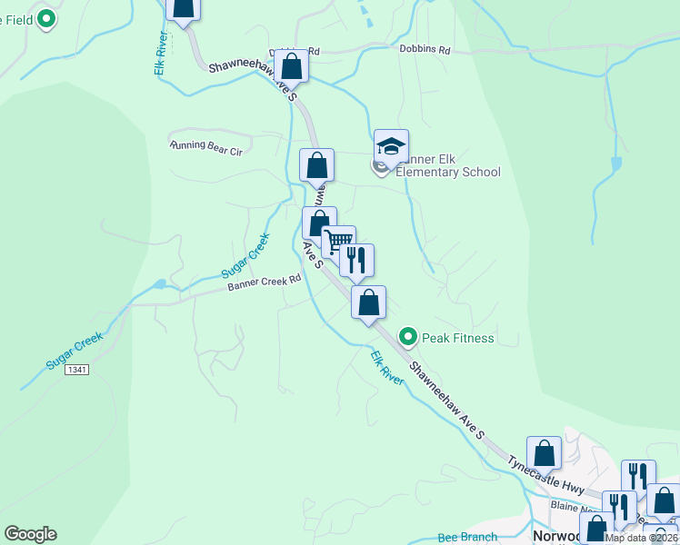 map of restaurants, bars, coffee shops, grocery stores, and more near 1947 Tynecastle Highway in Banner Elk