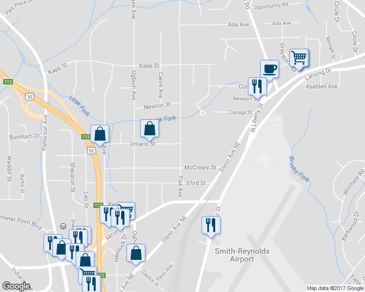 map of restaurants, bars, coffee shops, grocery stores, and more near 4145 Tise Avenue in Winston-Salem