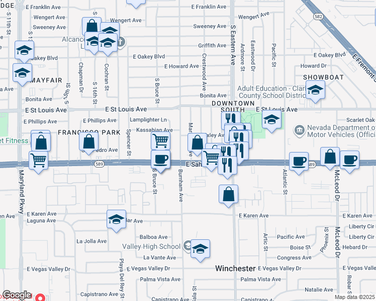 map of restaurants, bars, coffee shops, grocery stores, and more near 2319 Mariposa Avenue in Las Vegas