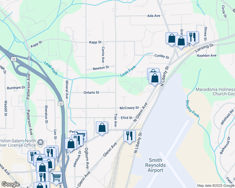 map of restaurants, bars, coffee shops, grocery stores, and more near 4145 Tise Avenue in Winston-Salem