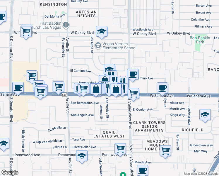 map of restaurants, bars, coffee shops, grocery stores, and more near 2409 Las Verdes Street in Las Vegas